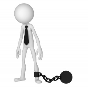 3D Businessman with a chain ball. Business crime concept